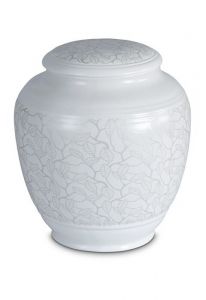 Porcelain cremation urn for ashes 'Classica' | Matte platinum-colored leaves