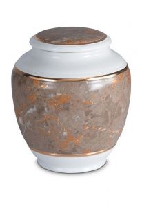 Porcelain cremation urn for ashes 'Classica' | Brown marble motif with gold-colored edges