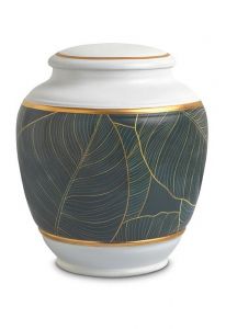 Porcelain cremation urn for ashes 'Classica' | Green leaves with gold-colored edges