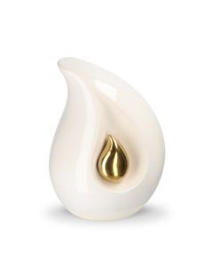 Teardrop cremation keepsake urn for ashess white with small gold-coloured teardrop in various sizes