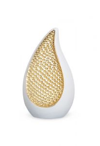 Teardrop cremation urn for ashes made of limewood - white and gold-coloured