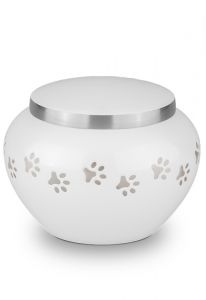 White pet urn with silver coloured pawprints | Medium