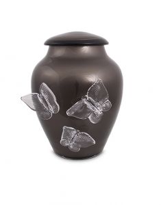 Antracite crystal glass cremation urn with butterflies