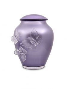 Lavender blue crystal glass cremation urn with butterflies