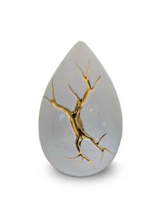 Ceramic teardrop urn for ashes 'Kintsugi' white