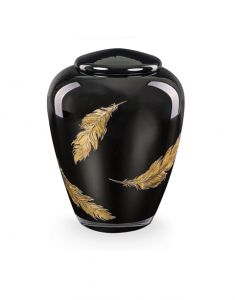 Glass cremation urn for ashes 'Golden feathers' black