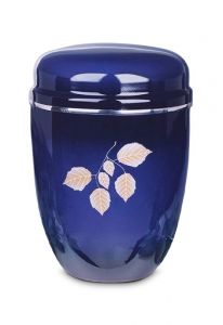 Blue cremation urn made from steel 'Leaves'