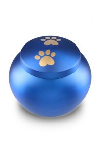 pet urn for ashes matte blue with 2 gold-coloured paw prints in various sizes