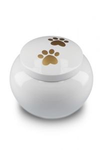 pet urn for ashes white with 2 gold-coloured paw prints in various sizes