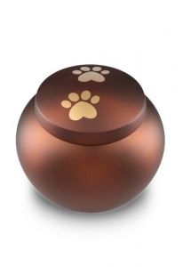 pet urn for ashes matte brown with 2 gold-coloured paw prints in various sizes