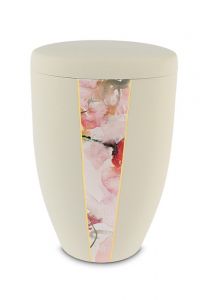 Metal cremation ash urn 'Flowers' beige