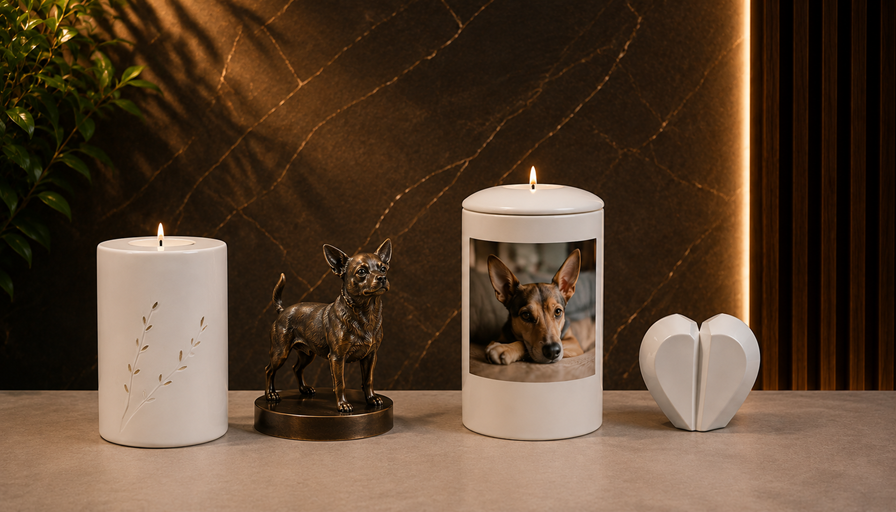 Dog urns for ashes in different materials and styles
